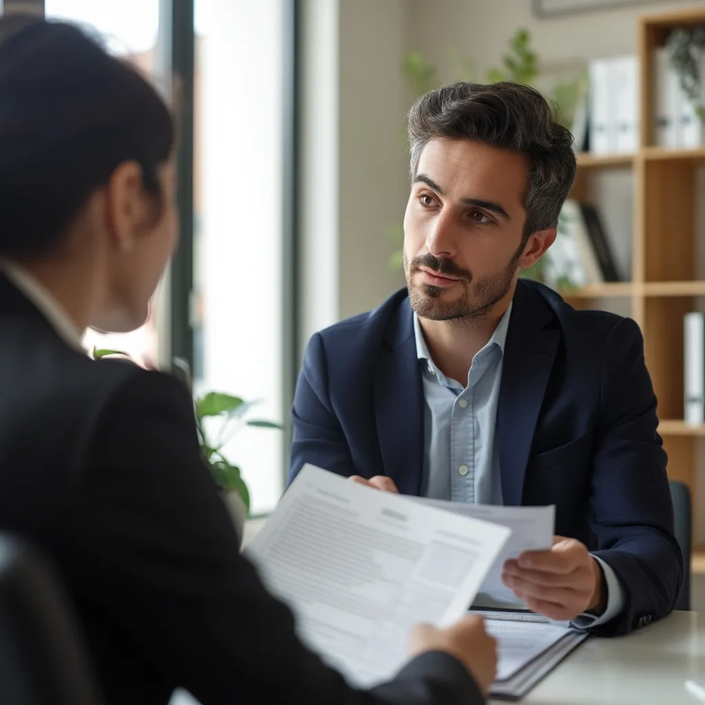 Consultor asesorando a cliente en oficina
